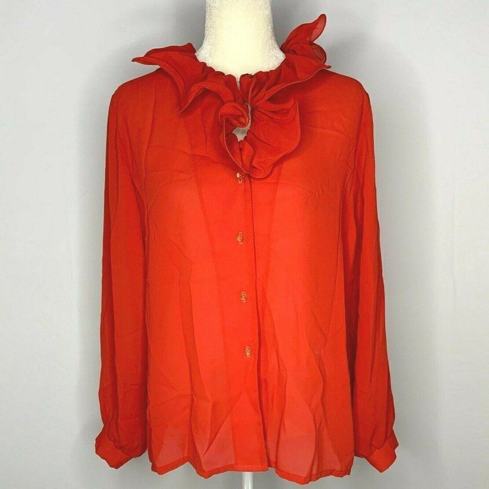 Vintage 80s Teddi Button Up Shirt L Red Ruffle - Picture 3 of 8